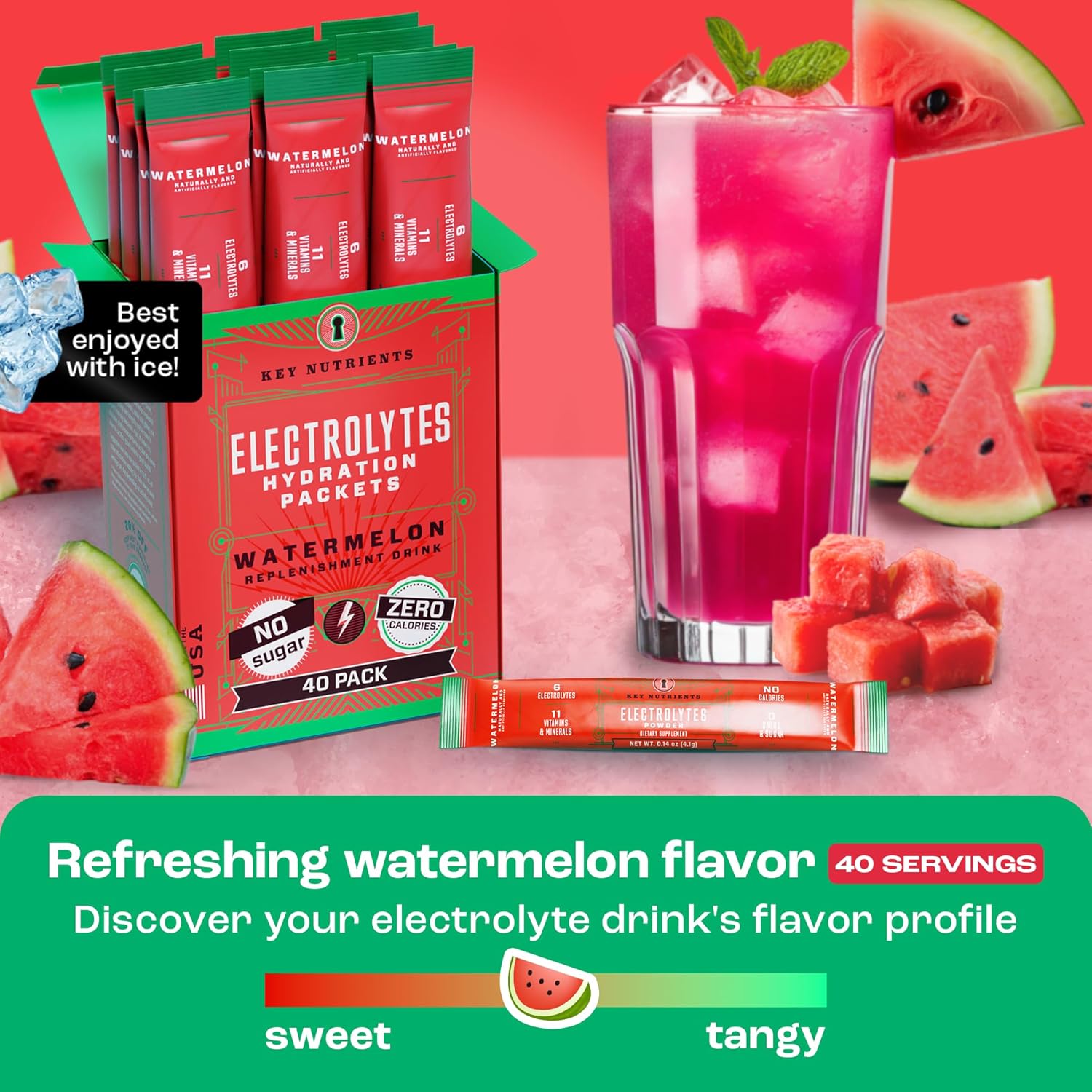 Hydration Powder Packets with Electrolytes - Watermelon Flavor, 40 Pack - Sugar-Free, Calorie-Free, Gluten-Free - USA-Made