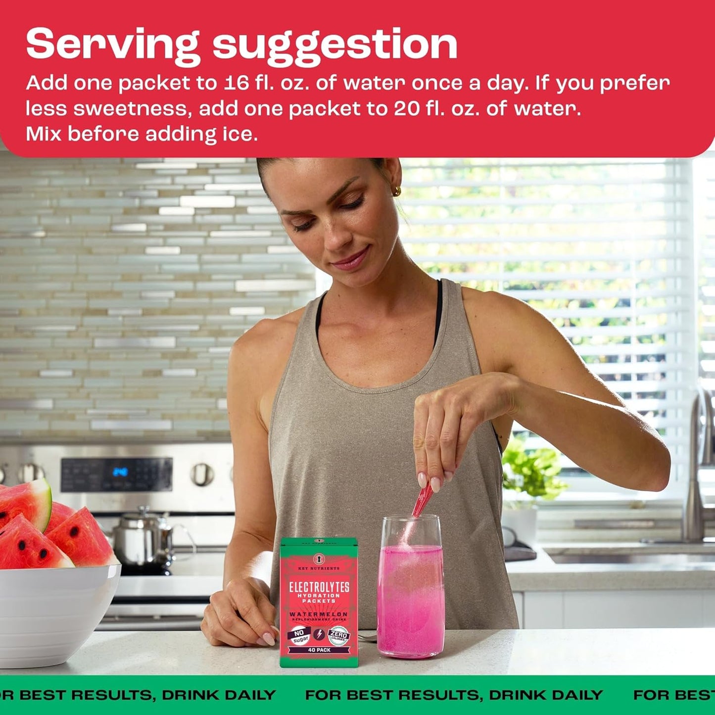 Hydration Powder Packets with Electrolytes - Watermelon Flavor, 40 Pack - Sugar-Free, Calorie-Free, Gluten-Free - USA-Made