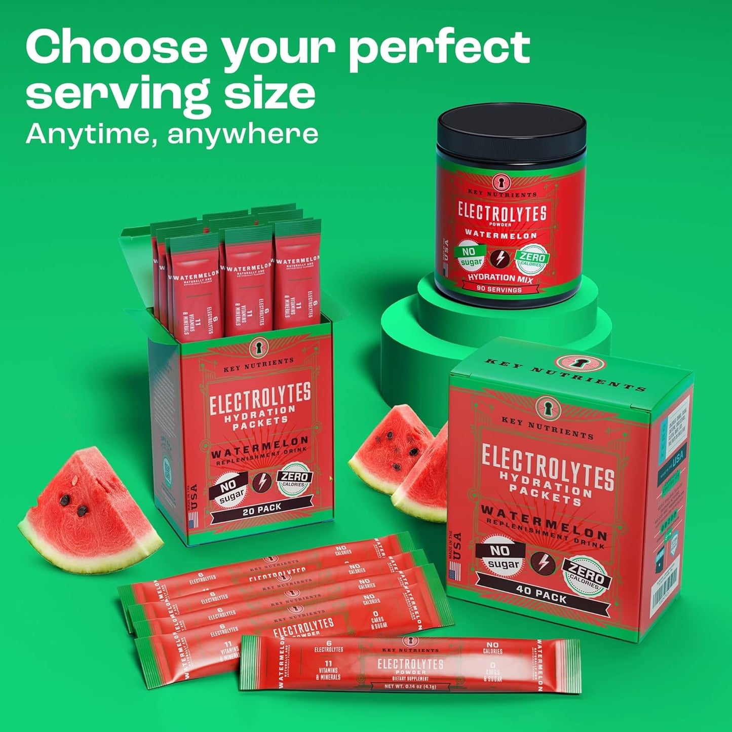 Hydration Powder Packets with Electrolytes - Watermelon Flavor, 40 Pack - Sugar-Free, Calorie-Free, Gluten-Free - USA-Made