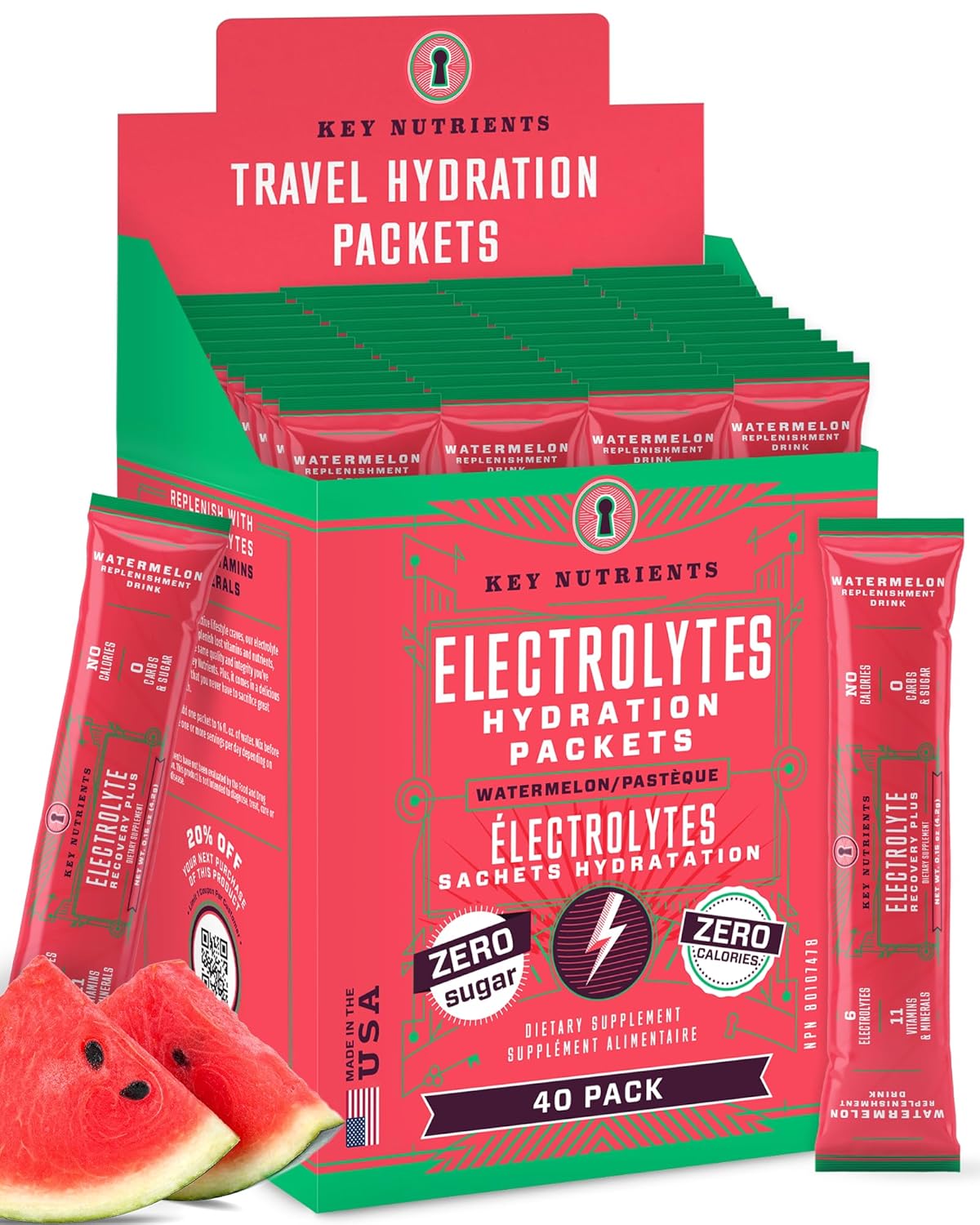 Hydration Powder Packets with Electrolytes - Watermelon Flavor, 40 Pack - Sugar-Free, Calorie-Free, Gluten-Free - USA-Made