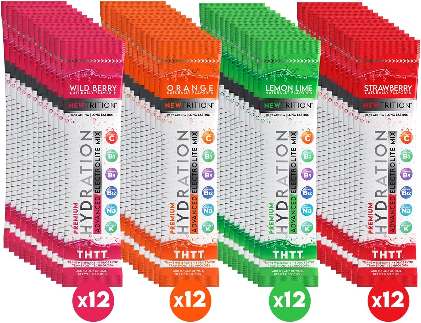 Hydration Powder Packets with Electrolytes and Vitamins, Natural Flavors, 48 Servings