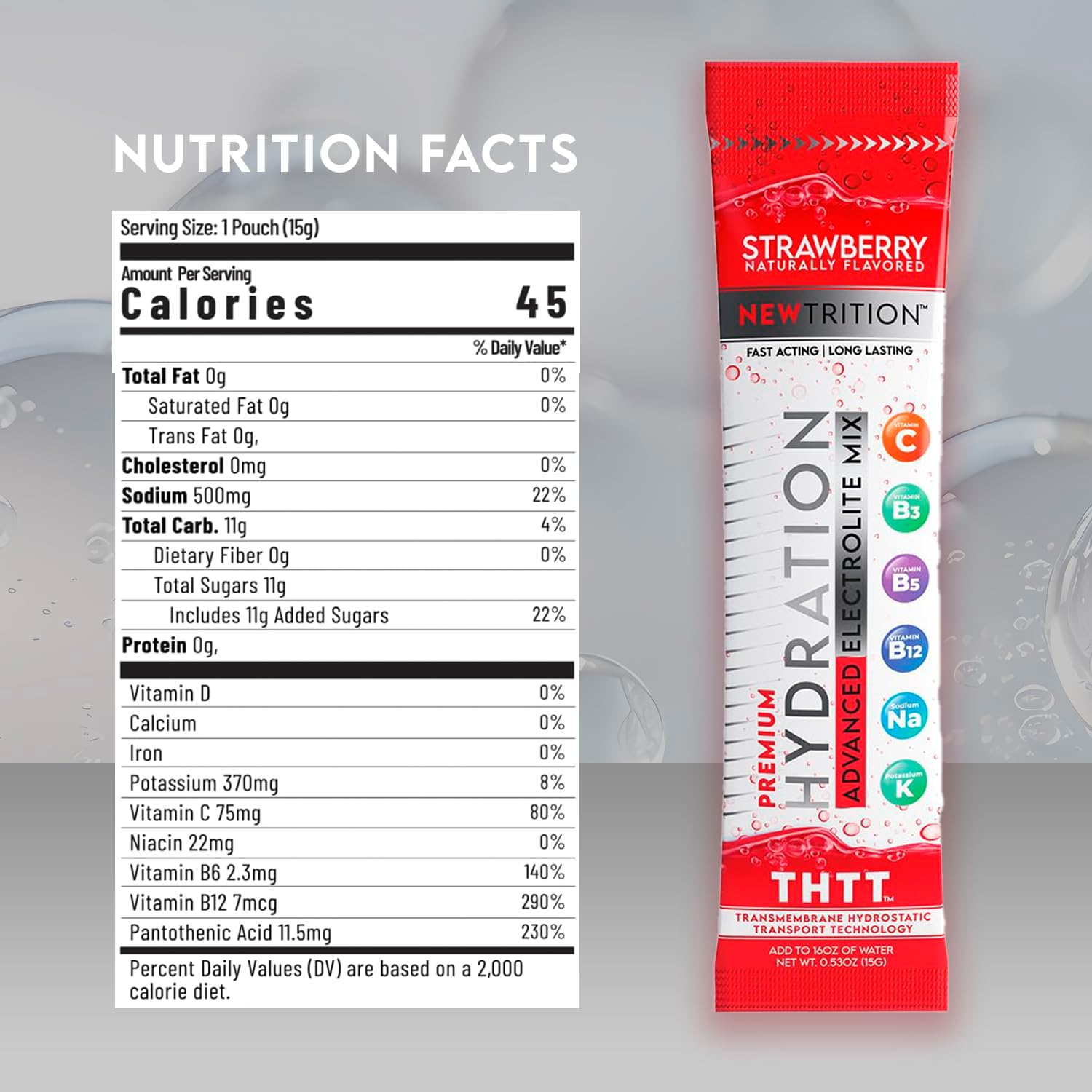 Hydration Powder Packets with Electrolytes and Vitamins, Natural Flavors, 48 Servings