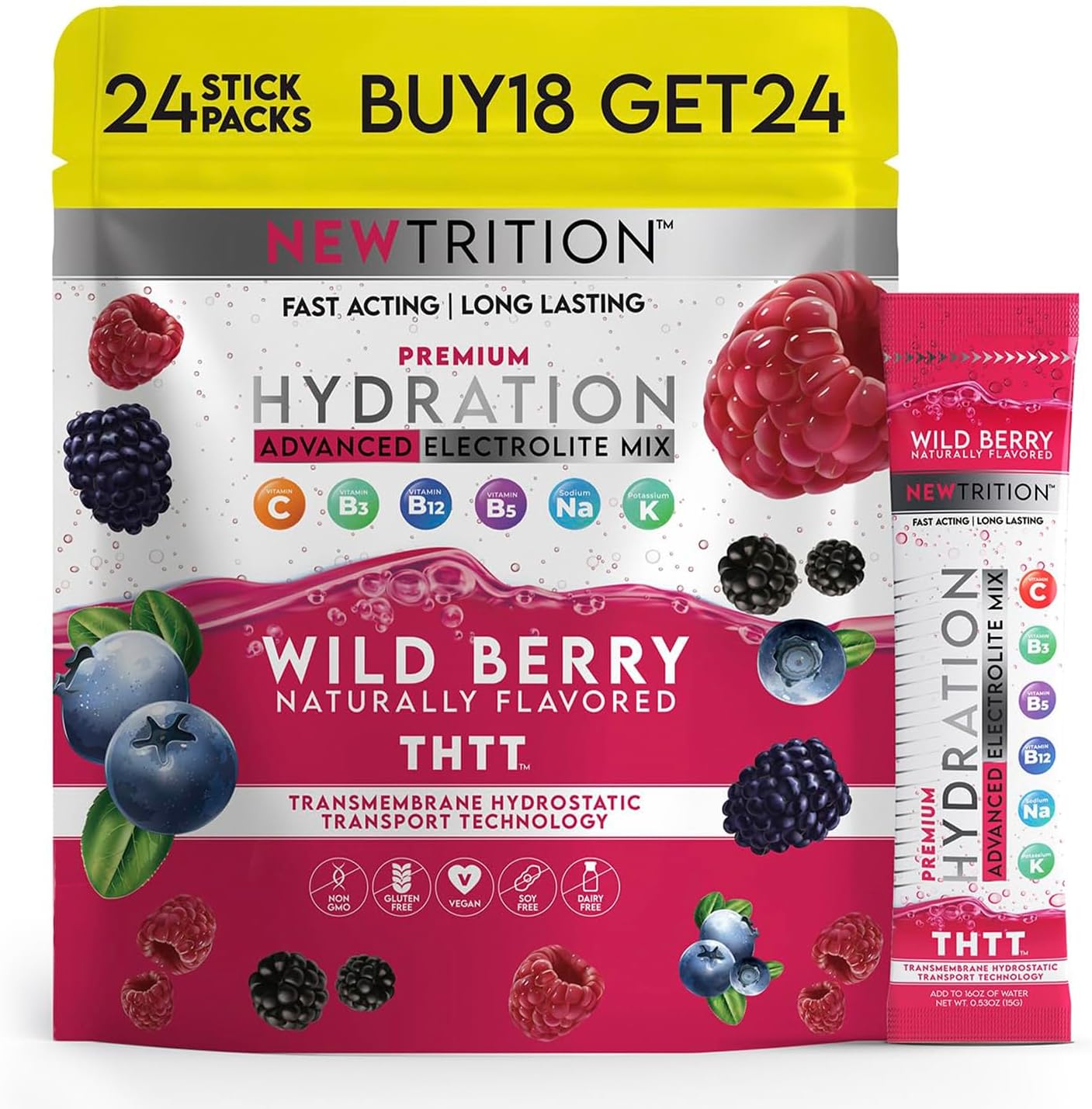 Hydration Powder Packets with Electrolytes, Fast-Acting Hydrate with Vitamins C & D, Wild Berry Flavor, 24 Servings