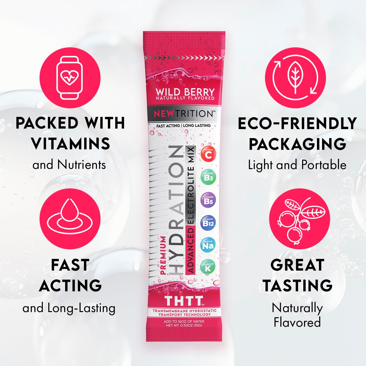 Hydration Powder Packets with Electrolytes, Fast-Acting Hydrate with Vitamins C & D, Wild Berry Flavor, 24 Servings