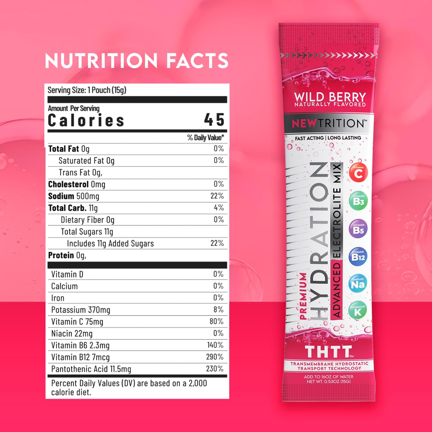 Hydration Powder Packets with Electrolytes, Fast-Acting Hydrate with Vitamins C & D, Wild Berry Flavor, 24 Servings