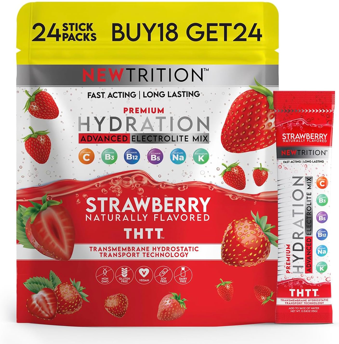 Hydration Powder Packets with Electrolytes, Vitamins C & D, Strawberry Flavor - 24 Servings