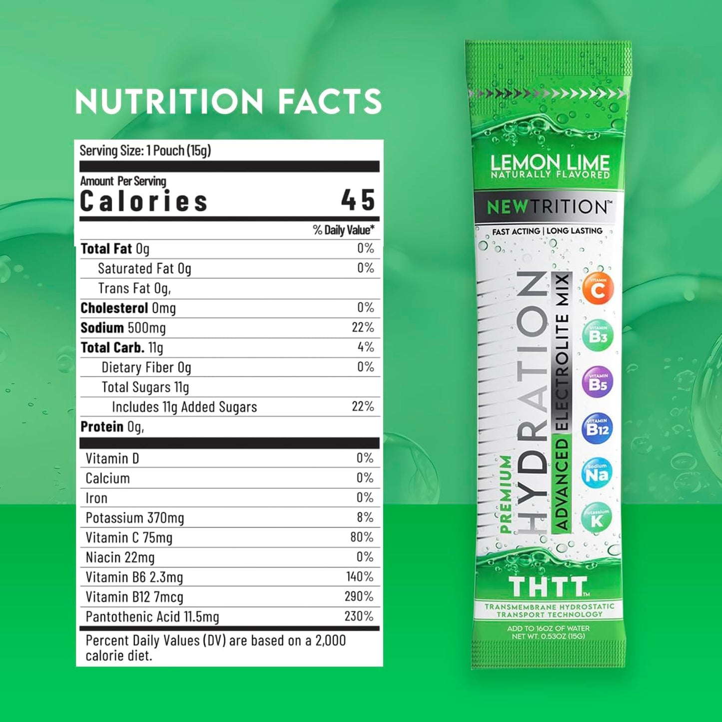 Hydration Powder Packets with Electrolytes, Vitamins C & D, Lemon Lime Flavor - 12 Servings