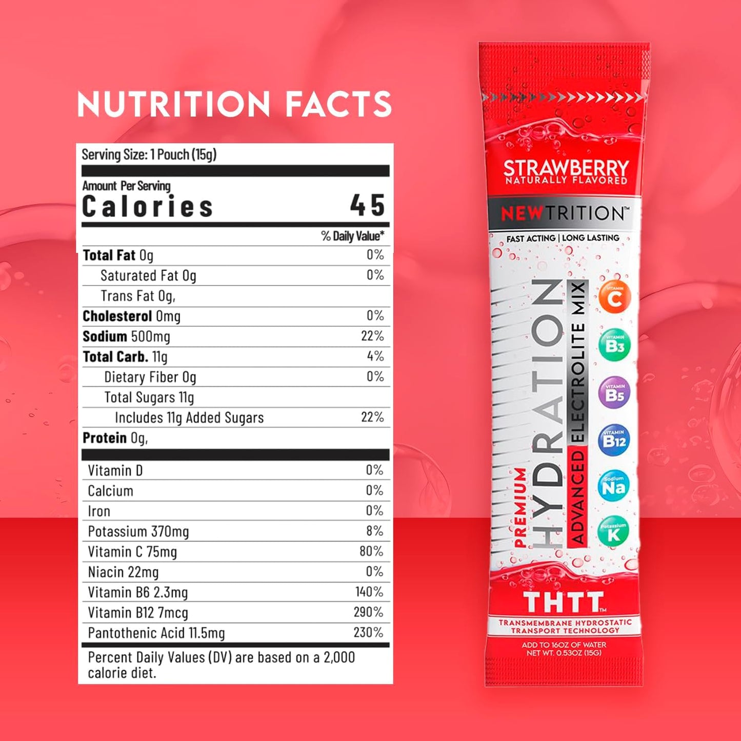 Hydration Powder Packets with Electrolytes, Vitamins C & D, Strawberry Flavor - 24 Servings