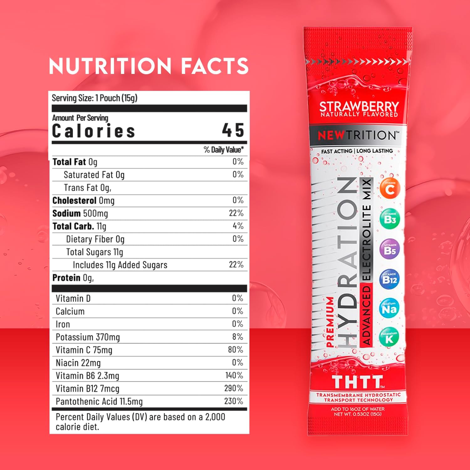 Hydration Powder Packets with Electrolytes, Vitamins C & D, Strawberry Flavor - 24 Servings