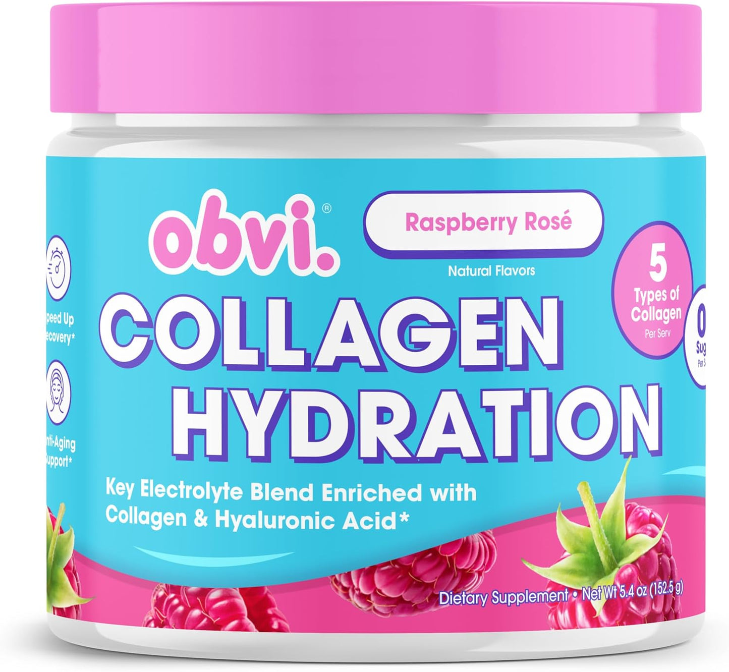 Hydration Powder with Collagen, Hyaluronic Acid, 5 Electrolytes - Raspberry Rose Flavor, Sugar-Free - 30 Servings