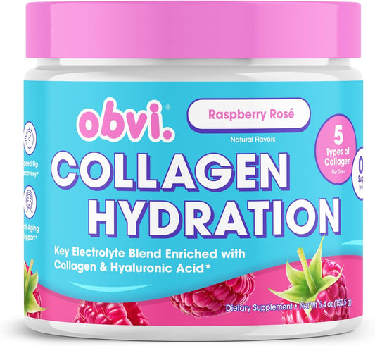 Hydration Powder with Collagen, Hyaluronic Acid, 5 Electrolytes - Raspberry Rose Flavor, Sugar-Free - 30 Servings