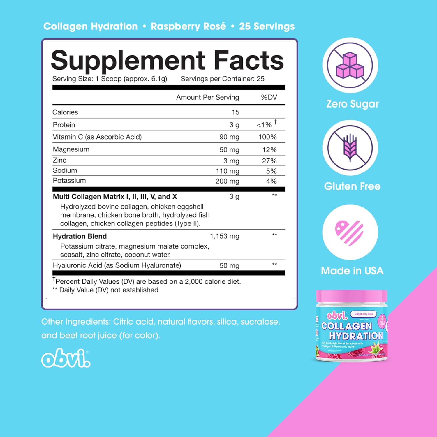 Hydration Powder with Collagen, Hyaluronic Acid, 5 Electrolytes - Raspberry Rose Flavor, Sugar-Free - 30 Servings