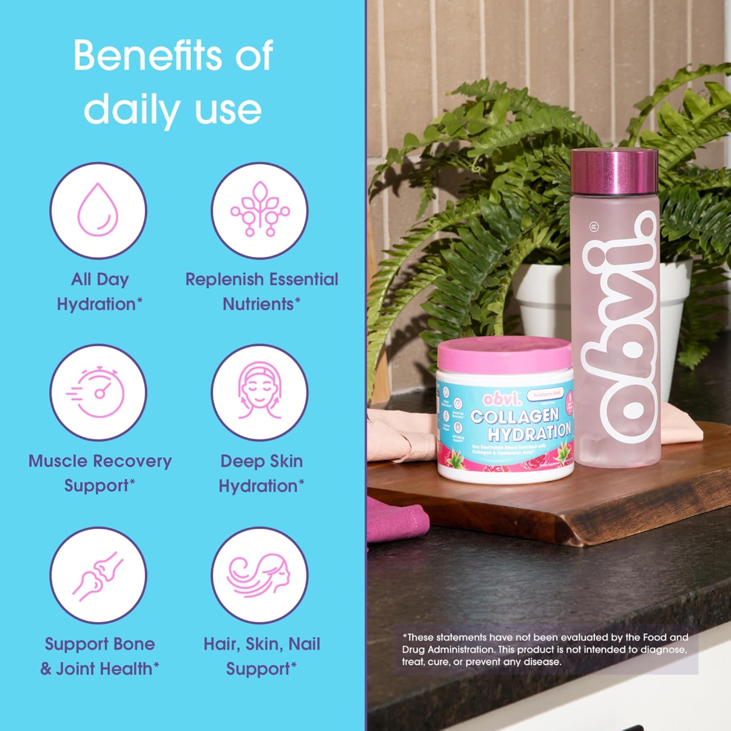 Hydration Powder with Collagen, Hyaluronic Acid, 5 Electrolytes - Raspberry Rose Flavor, Sugar-Free - 30 Servings