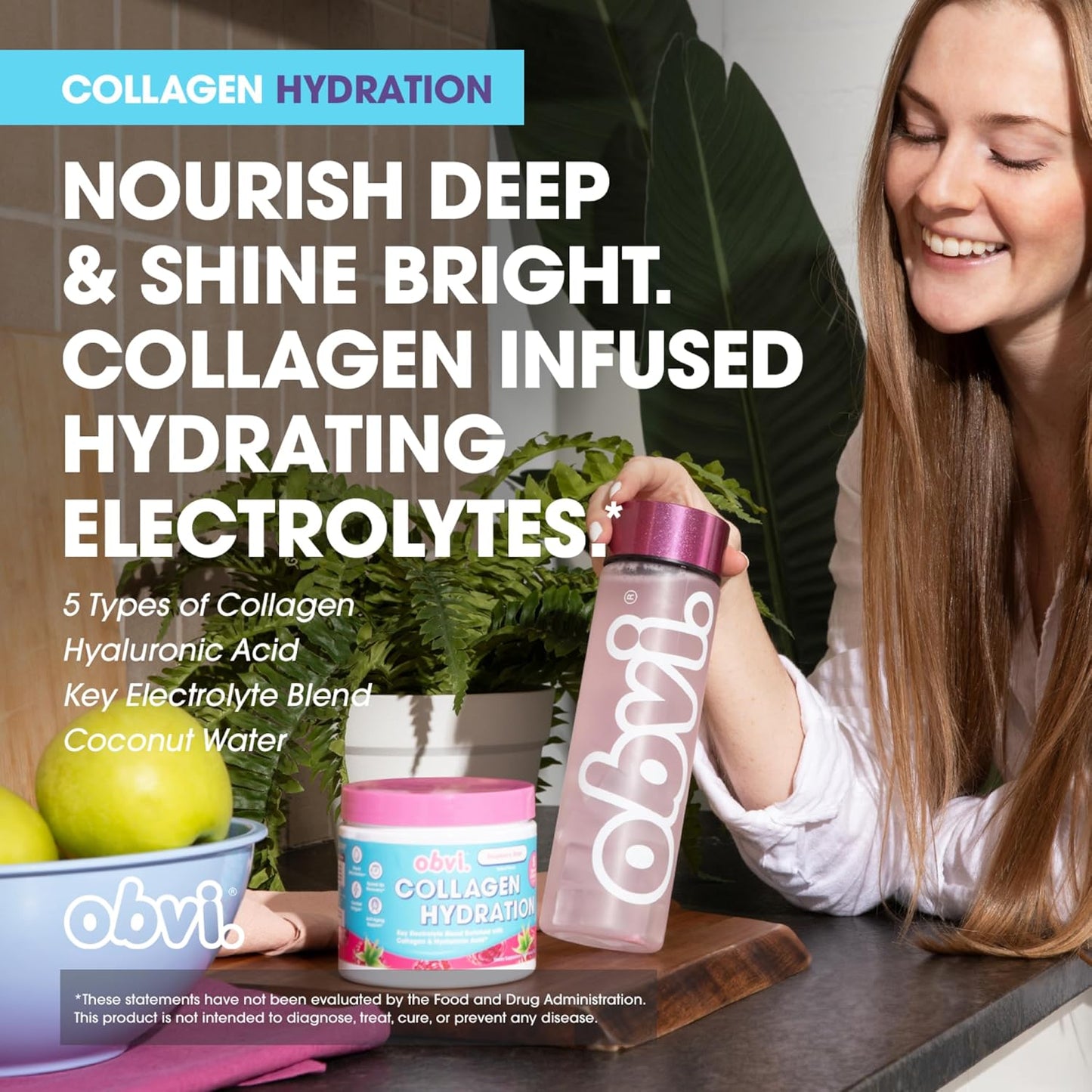 Hydration Powder with Collagen, Hyaluronic Acid, 5 Electrolytes - Raspberry Rose Flavor, Sugar-Free - 30 Servings