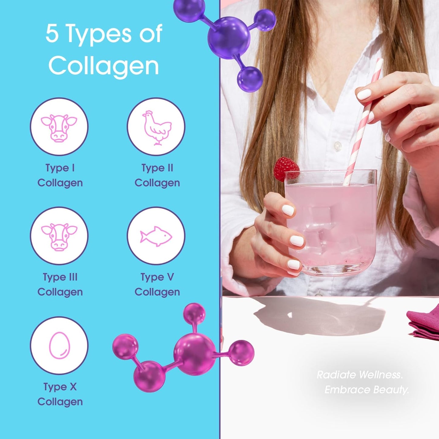 Hydration Powder with Collagen, Hyaluronic Acid, 5 Electrolytes - Raspberry Rose Flavor, Sugar-Free - 30 Servings