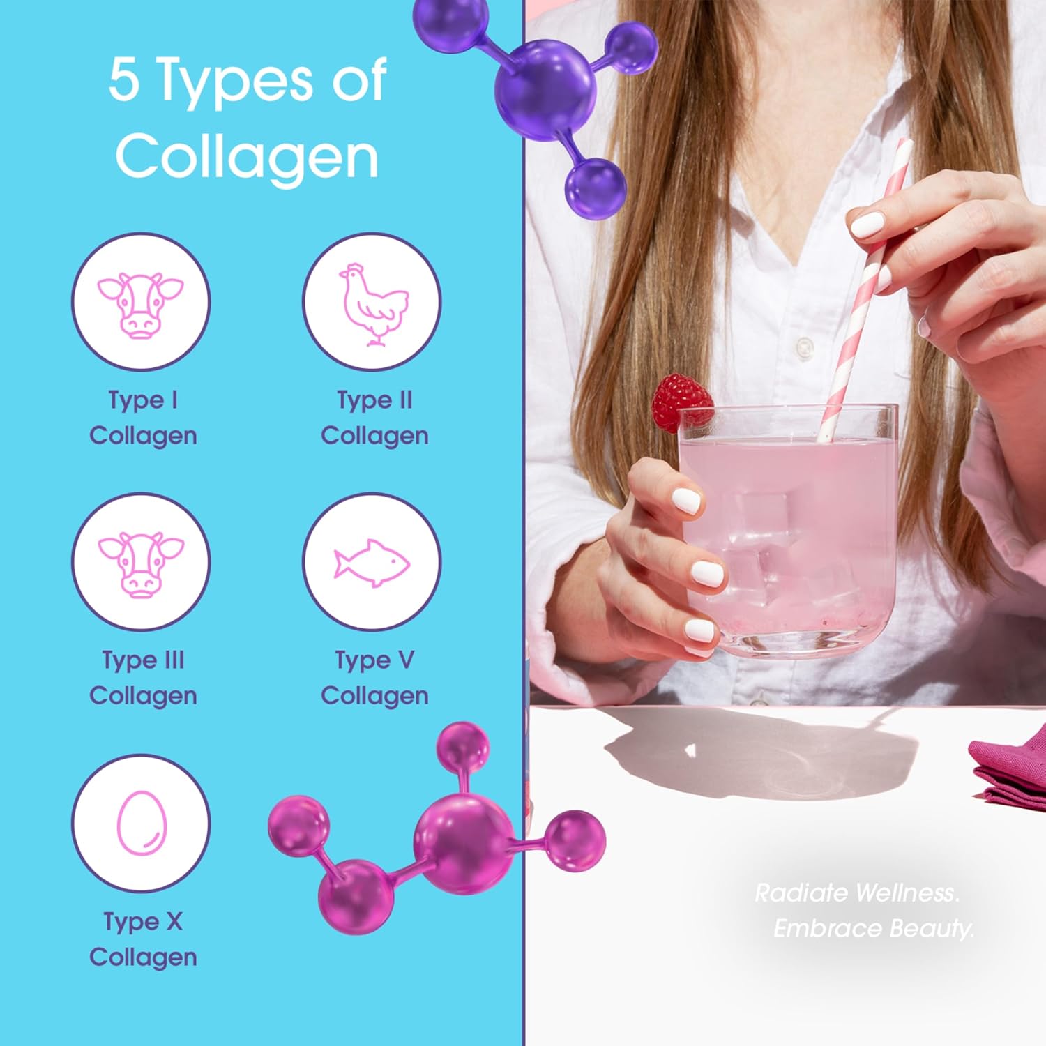 Hydration Powder with Collagen, Hyaluronic Acid, 5 Electrolytes - Raspberry Rose Flavor, Sugar-Free - 30 Servings