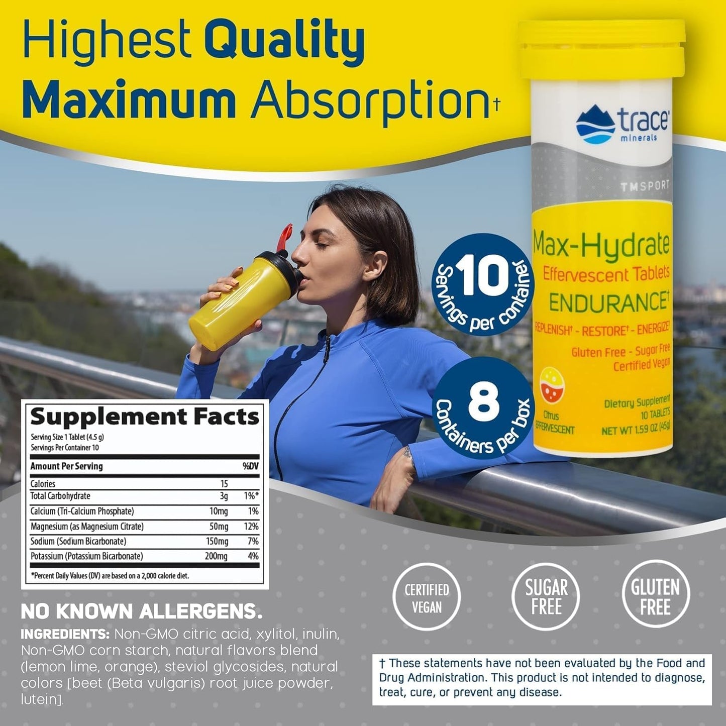 Hydration Support Supplement with Trace Minerals - Boost Energy and Endurance - Electrolyte Aid for Muscle Cramps - Citrus Flavored Tabs (80 Servings)