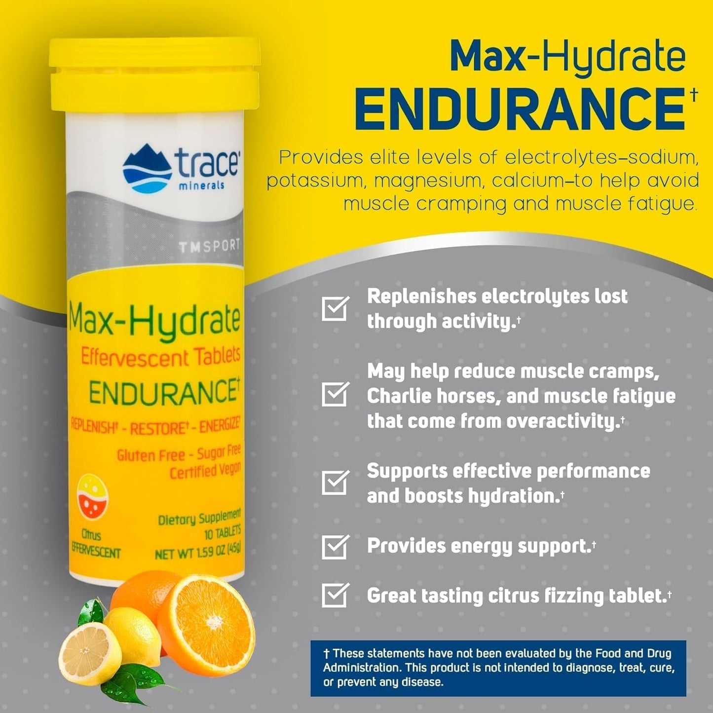 Hydration Support Supplement with Trace Minerals - Boost Energy and Endurance - Electrolyte Aid for Muscle Cramps - Citrus Flavored Tabs (80 Servings)
