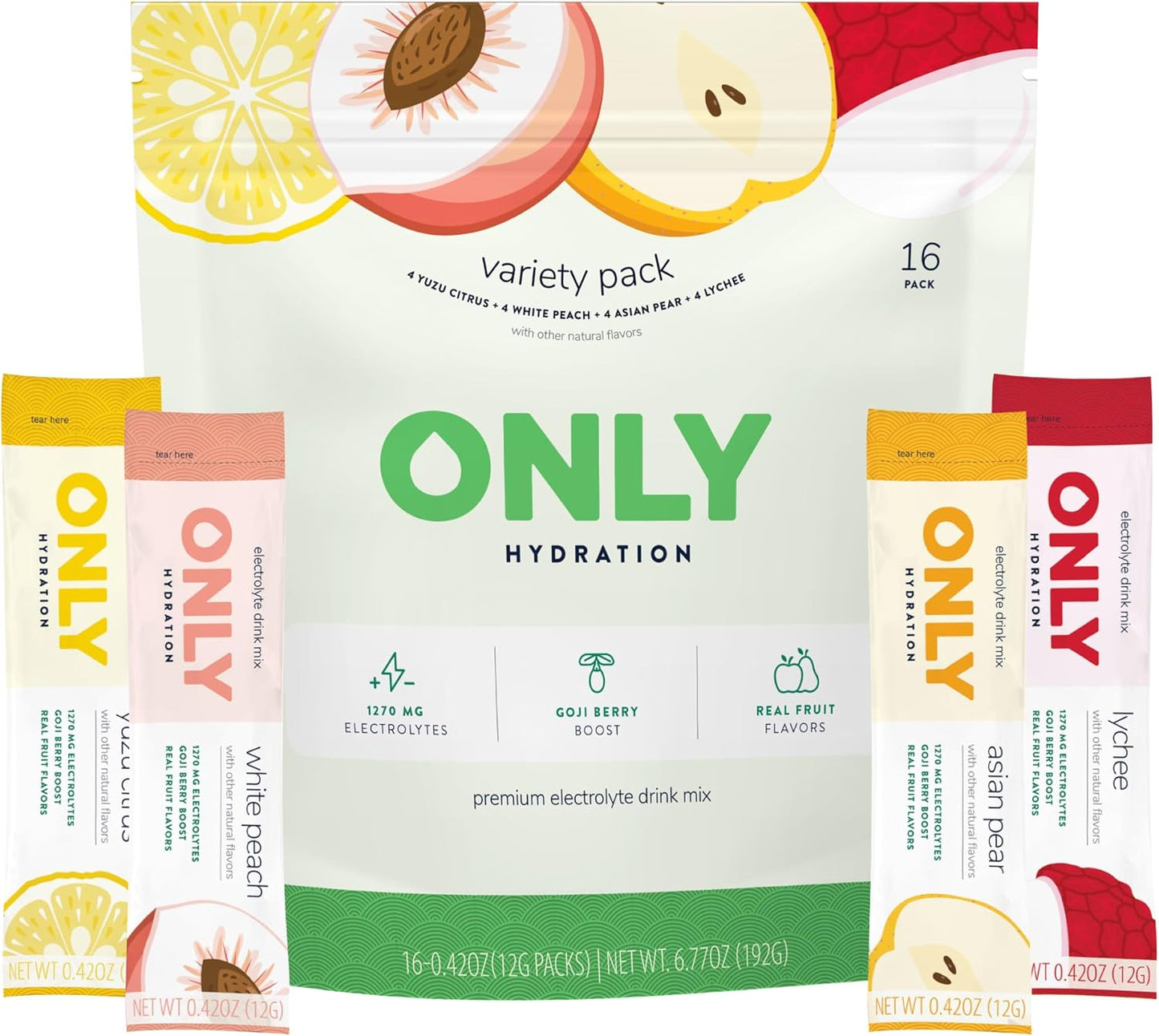 Hydration Variety Pack with Electrolyte Powder, Monk Fruit Sweetener, and Superfood Goji Berry - 16 Packets - On-The-Go Sticks - Low Sugar - Vitamins C, B6, B12