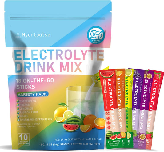 HydriPulse Electrolytes Powder Packets - Variety Pack of 10 Electrolyte & Vitamin Drink Mix Flavors - Sugar Free, Naturally Flavored, Keto Friendly - 18 Packets, Vegan & Non-GMO