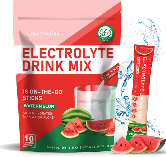 HydriPulse Watermelon Electrolyte Powder Packets - Sugar Free, 10 Electrolytes & Vitamins, Vegan Keto Drink Mix