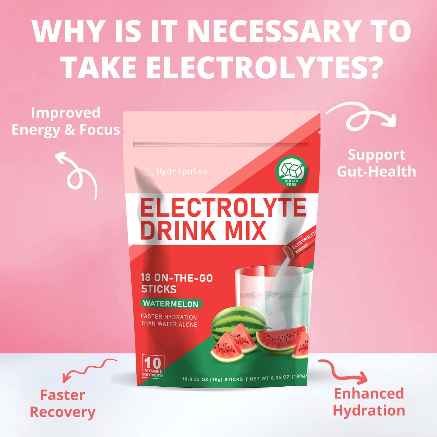 HydriPulse Watermelon Electrolyte Powder Packets - Sugar Free, 10 Electrolytes & Vitamins, Vegan Keto Drink Mix