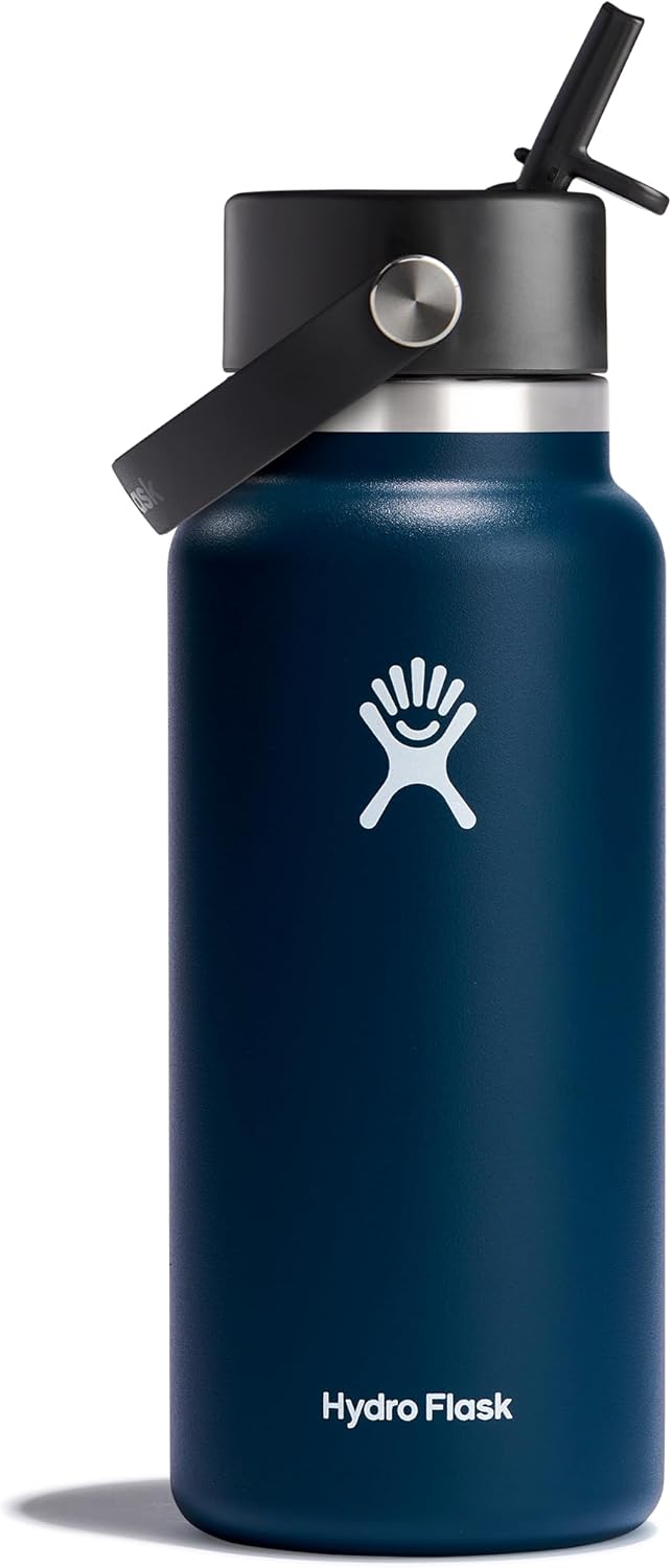 HYDRO FLASK Wide Mouth Stainless Steel Water Bottle with Leakproof Straw Lid - Ideal for Cold Drinks on the Go