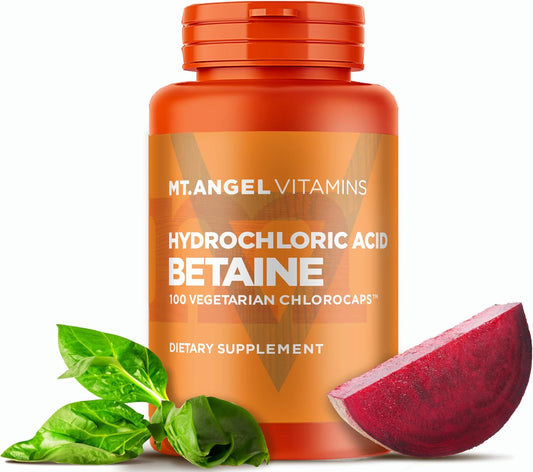 Hydrochloric Acid Betaine Supplement for Healthy Digestion - 100 Vegetarian Chlorocaps by Mt. Angel Vitamins