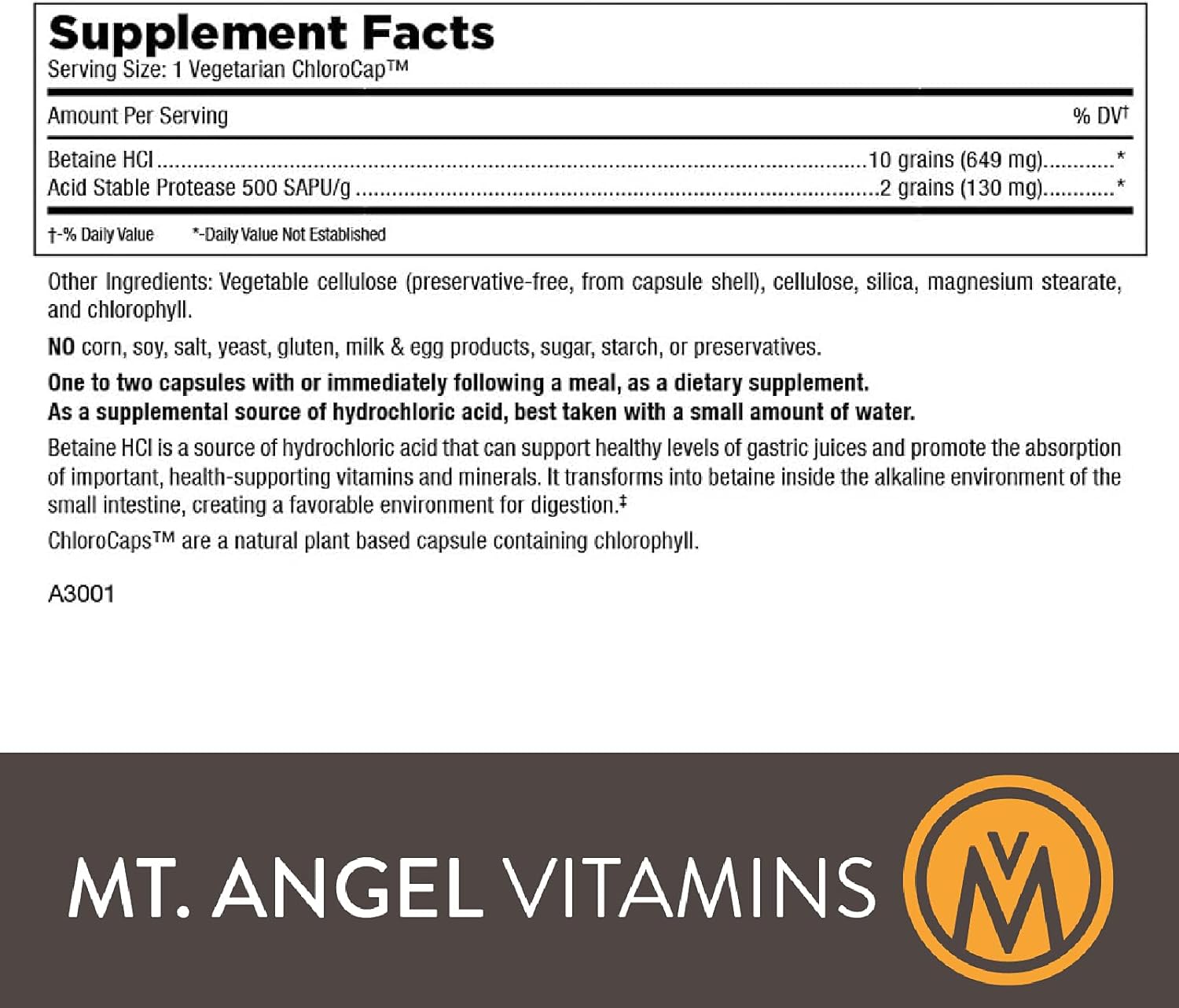 Hydrochloric Acid Betaine Supplement for Healthy Digestion - 100 Vegetarian Chlorocaps by Mt. Angel Vitamins
