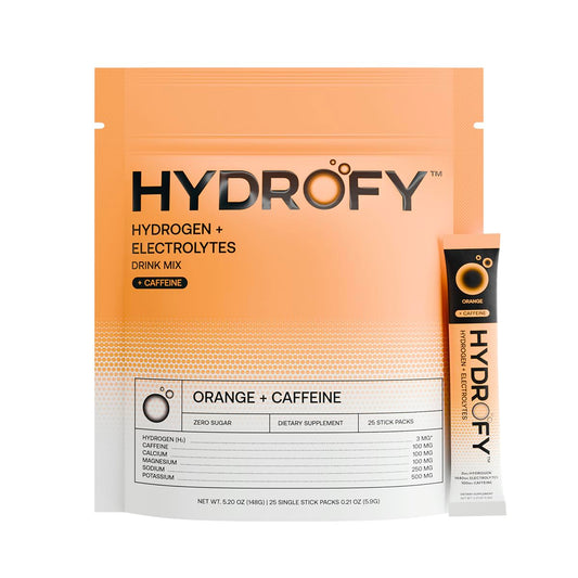 Hydrofy Hydrogen Water + Electrolytes Drink Mix Packets - Orange Caffeine Flavor - 25 ct - Sugar-Free - Enhanced Hydration with H2 & Minerals