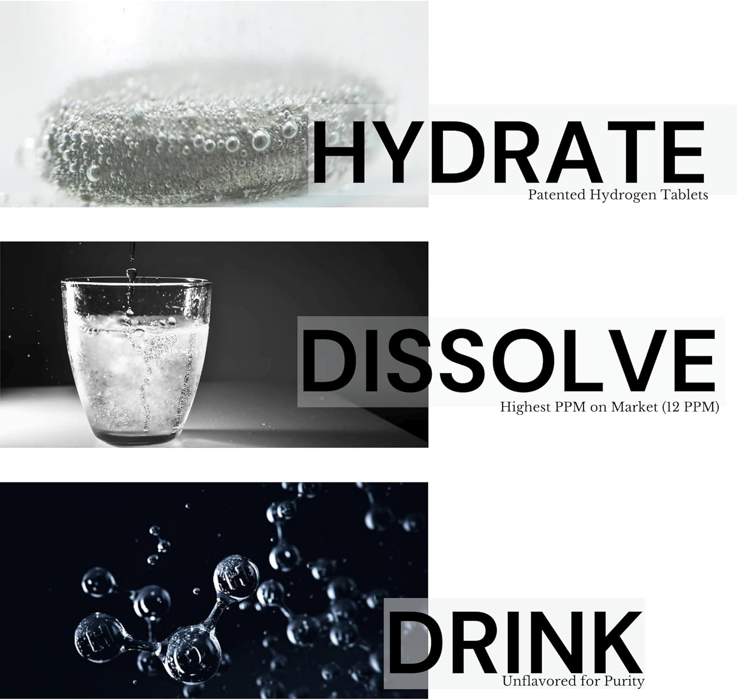 Hydrogen Water Tablets: 60 Tablets, 12 PPM H2 Molecular Hydrogen for Drinking Water