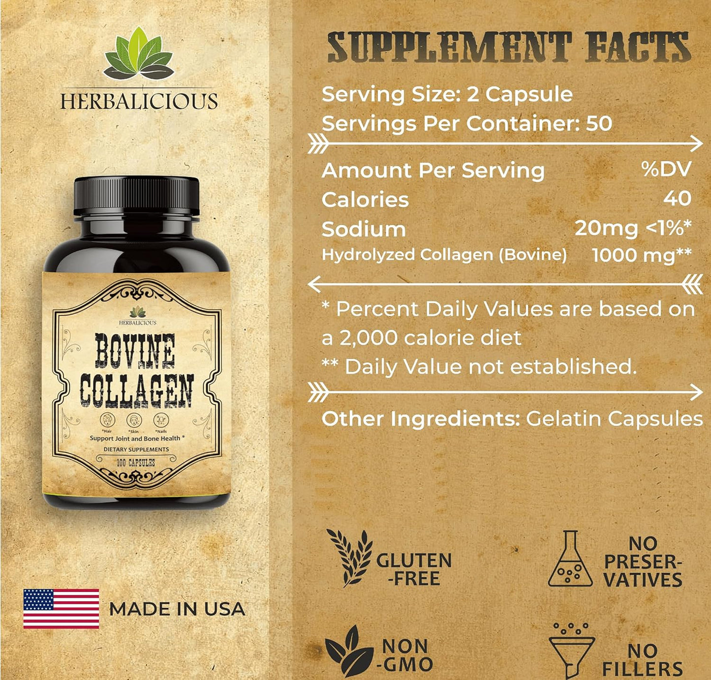 Hydrolyzed Bovine Collagen Capsules for Joint, Nerve & Bone Support - Non-GMO Dietary Supplement for Men and Women - Anti-Aging - 100 Capsules