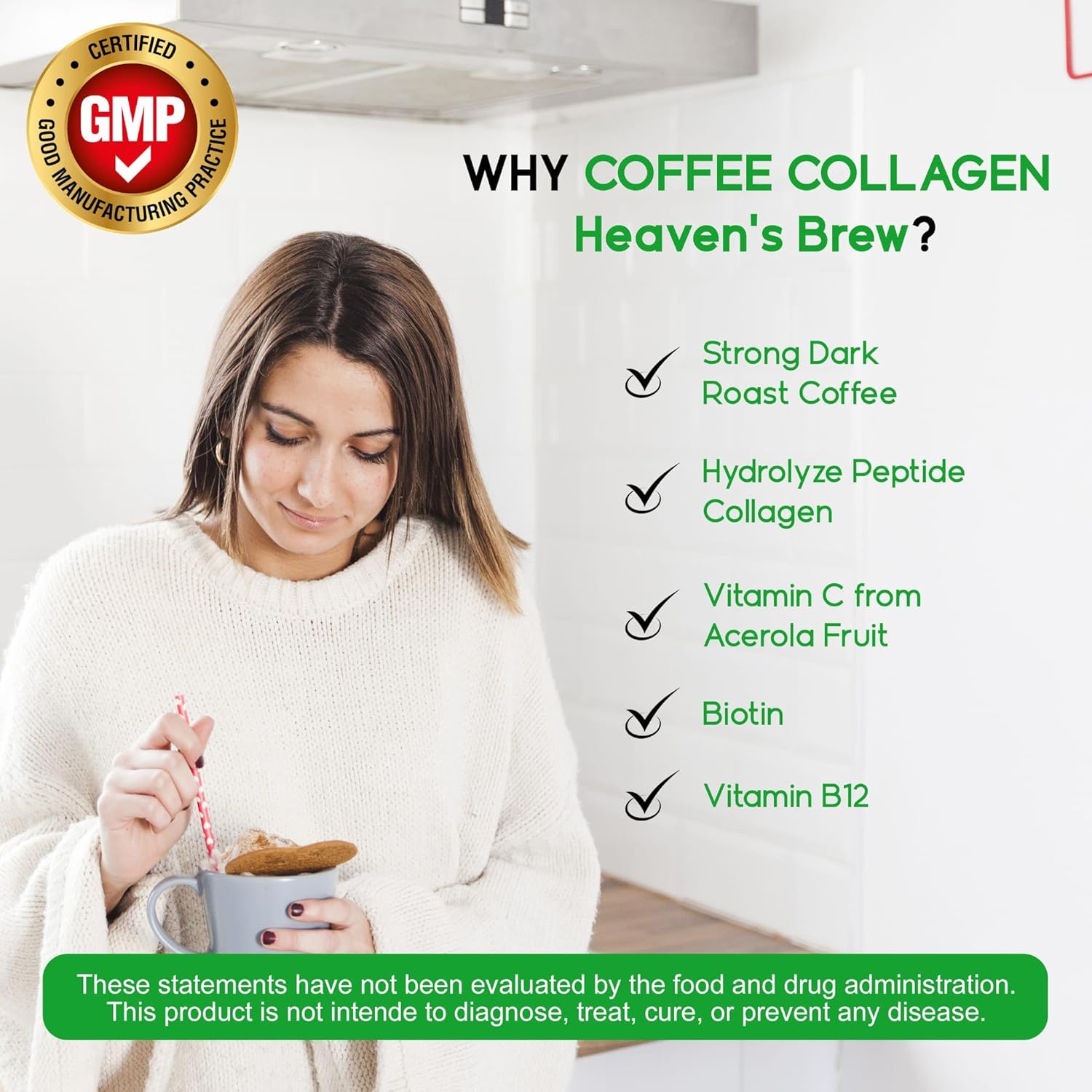 Hydrolyzed Bovine Peptide Coffee Collagen with Vitamin C & B12 - Hair, Skin, Nail & Joint Support - Dairy & Sugar-Free - 30 Servings