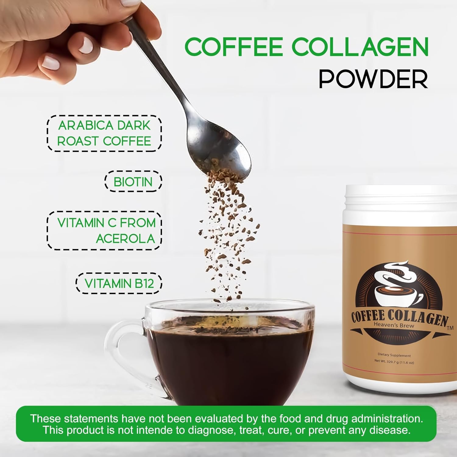 Hydrolyzed Bovine Peptide Coffee Collagen with Vitamin C & B12 - Hair, Skin, Nail & Joint Support - Dairy & Sugar-Free - 30 Servings