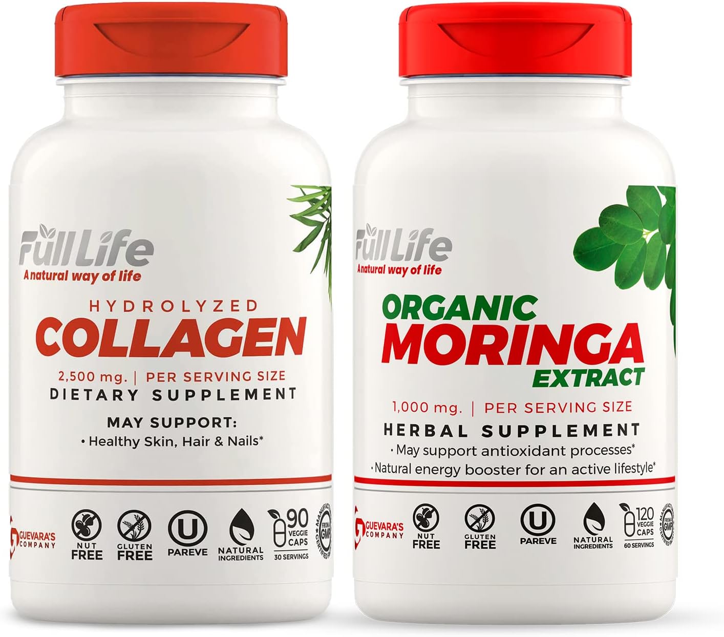 Hydrolyzed Collagen and Moringa Capsules for Men and Women - Bovine Collagen Pills - Gluten-Free Dietary Supplements