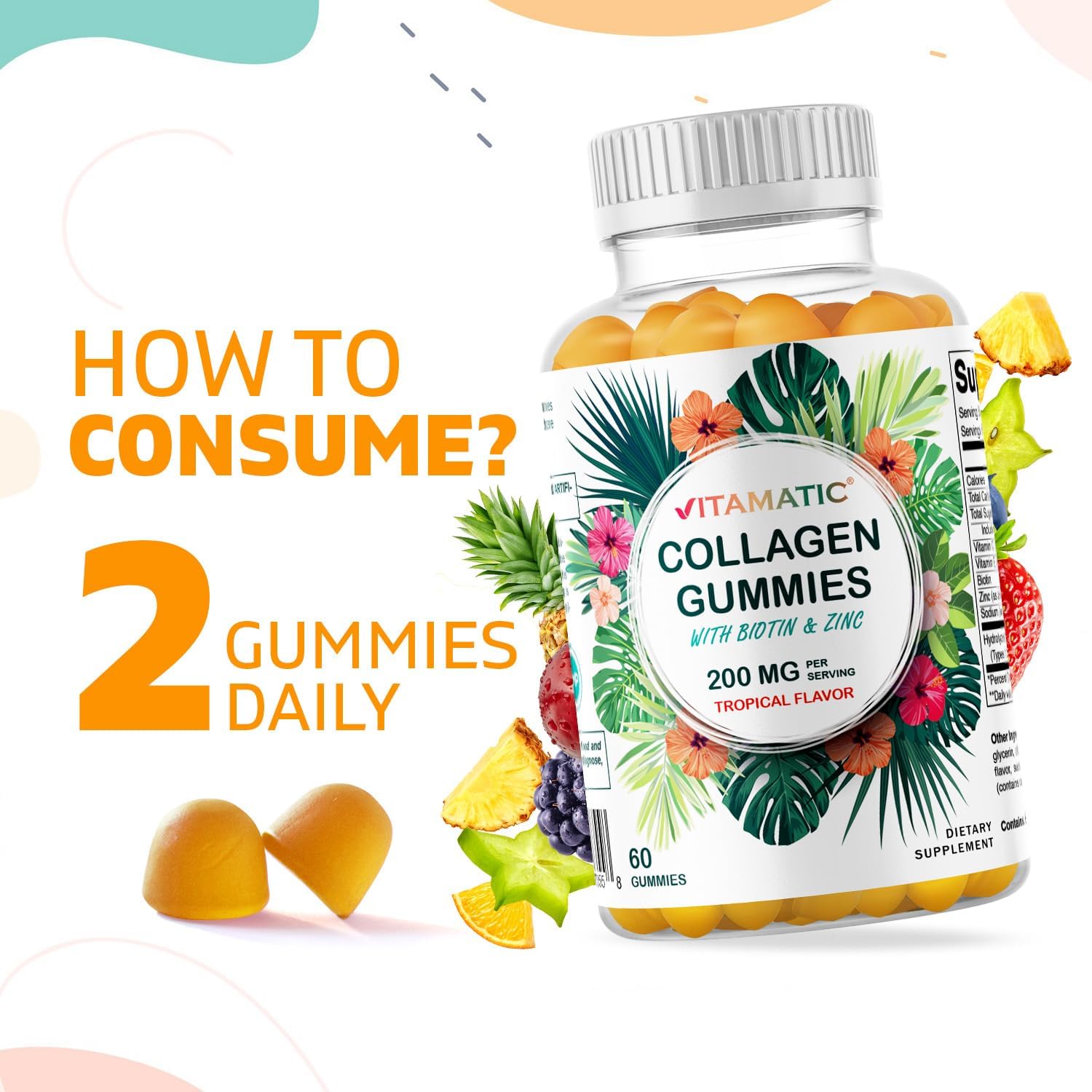 Hydrolyzed Collagen Gummies with Vitamin C, Zinc, and Biotin - 2 Pack, 200 mg, 120 Gummies