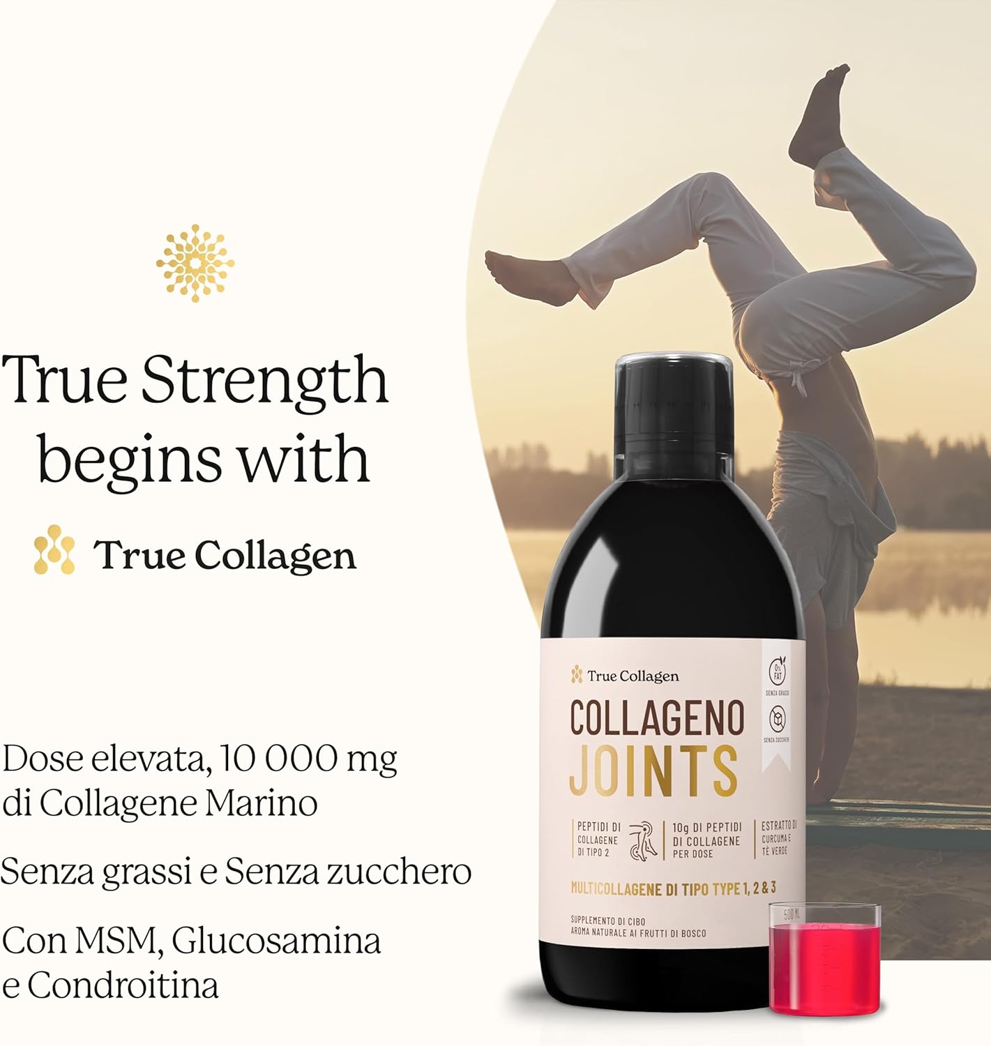 Hydrolyzed Collagen Liquid Supplement | 10,000 mg True Collagen Joints - 500 ml, 20 Day Supply | With Glucosamine, MSM, and Chondroitin for Joint Support | 100% Natural Berry Flavor, Sugar-Free
