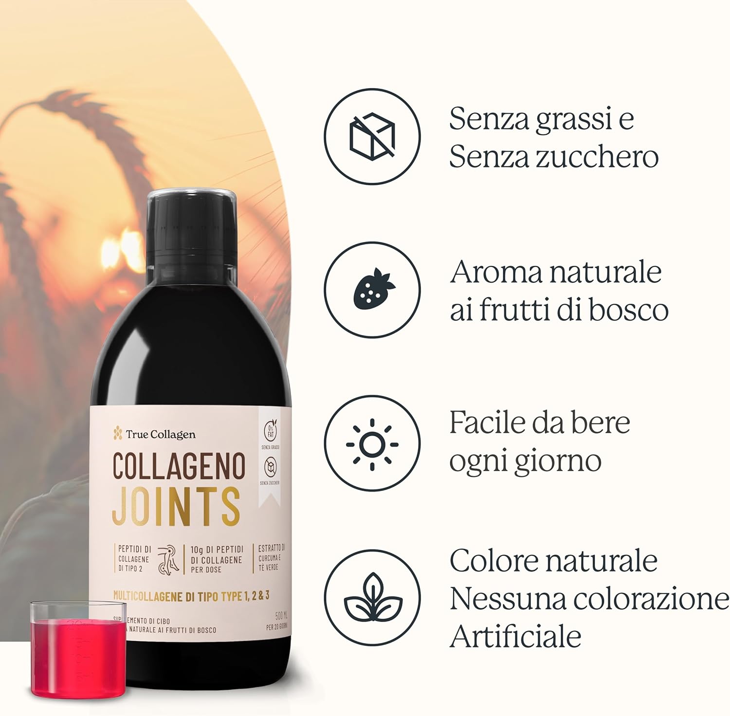 Hydrolyzed Collagen Liquid Supplement | 10,000 mg True Collagen Joints - 500 ml, 20 Day Supply | With Glucosamine, MSM, and Chondroitin for Joint Support | 100% Natural Berry Flavor, Sugar-Free