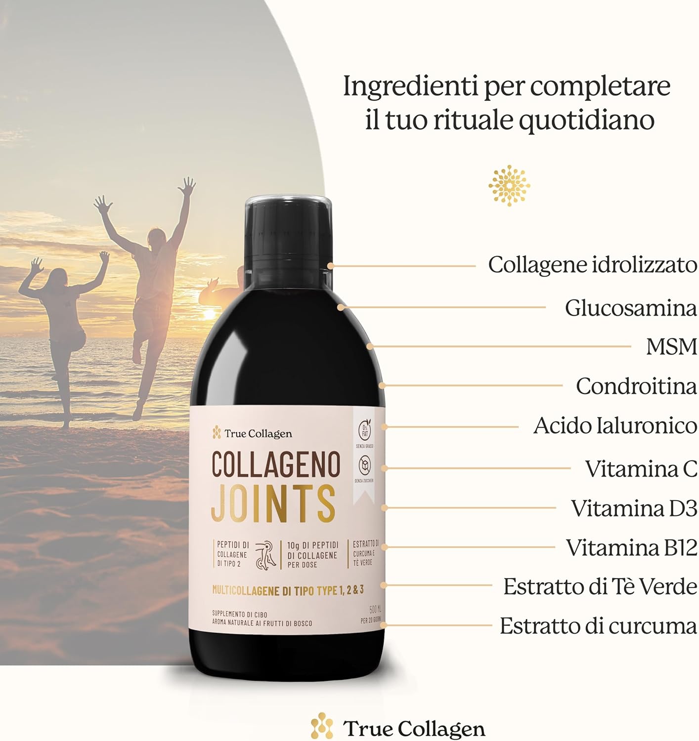 Hydrolyzed Collagen Liquid Supplement | 10,000 mg True Collagen Joints - 500 ml, 20 Day Supply | With Glucosamine, MSM, and Chondroitin for Joint Support | 100% Natural Berry Flavor, Sugar-Free