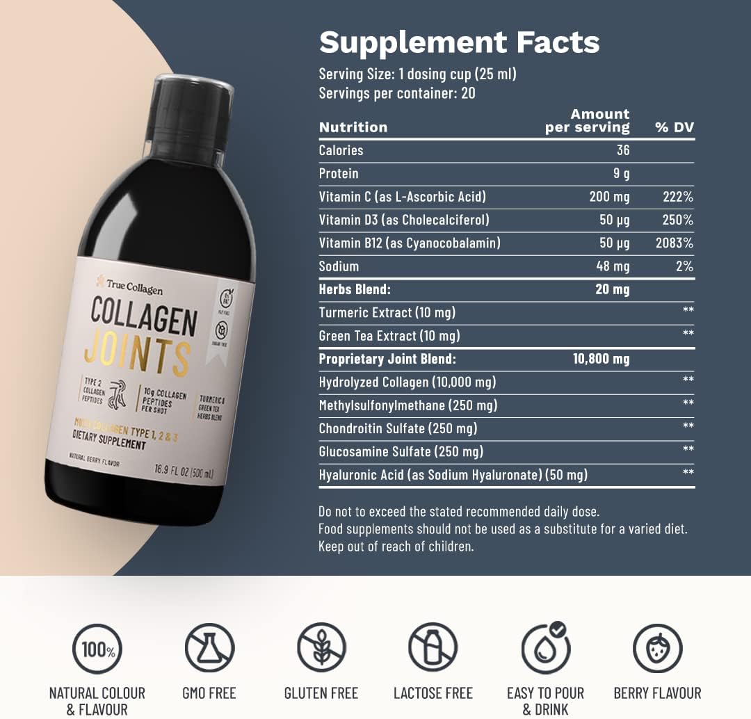 Hydrolyzed Collagen Liquid Supplement | 10,000 mg True Collagen Joints - 500 ml, 20 Day Supply | With Glucosamine, MSM, and Chondroitin for Joint Support | 100% Natural Berry Flavor, Sugar-Free