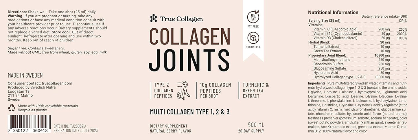 Hydrolyzed Collagen Liquid Supplement | 10,000 mg True Collagen Joints - 500 ml, 20 Day Supply | With Glucosamine, MSM, and Chondroitin for Joint Support | 100% Natural Berry Flavor, Sugar-Free