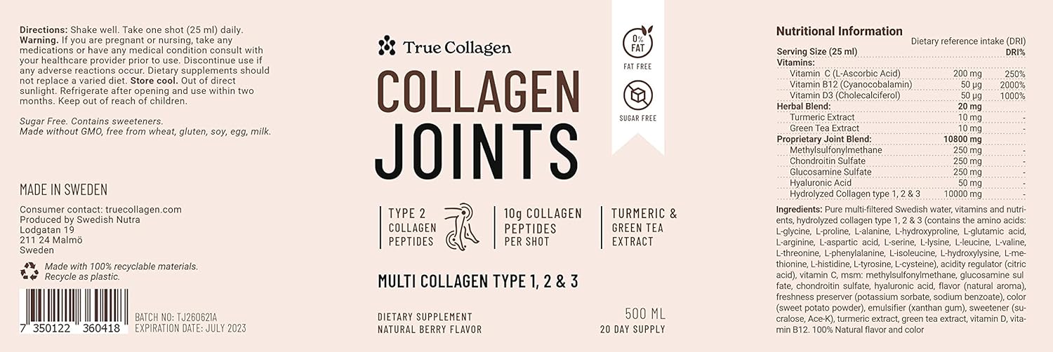 Hydrolyzed Collagen Liquid Supplement | 10,000 mg True Collagen Joints - 500 ml, 20 Day Supply | With Glucosamine, MSM, and Chondroitin for Joint Support | 100% Natural Berry Flavor, Sugar-Free