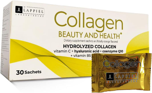 Hydrolyzed Collagen Peptides Powder Packets with Vitamin C and Hyaluronic Acid - Orange Flavor, 30 Servings - Supports Hair, Skin, Nails, Joints