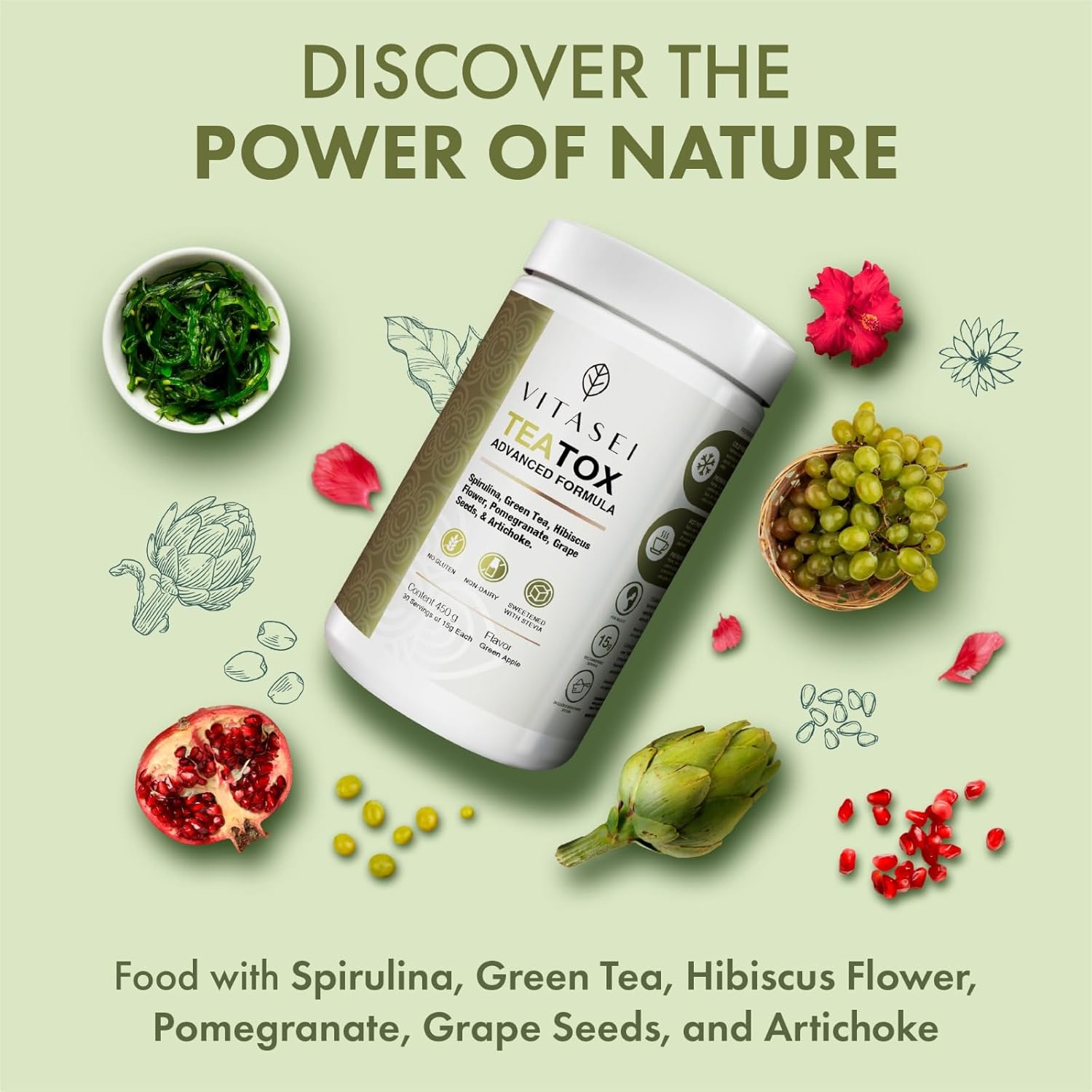 Hydrolyzed Collagen Peptides Powder with Vitamin C, Resveratrol, and Teatox Cleanse Support Powder - Digestion Booster with Green Tea, Spirulina, Artichoke