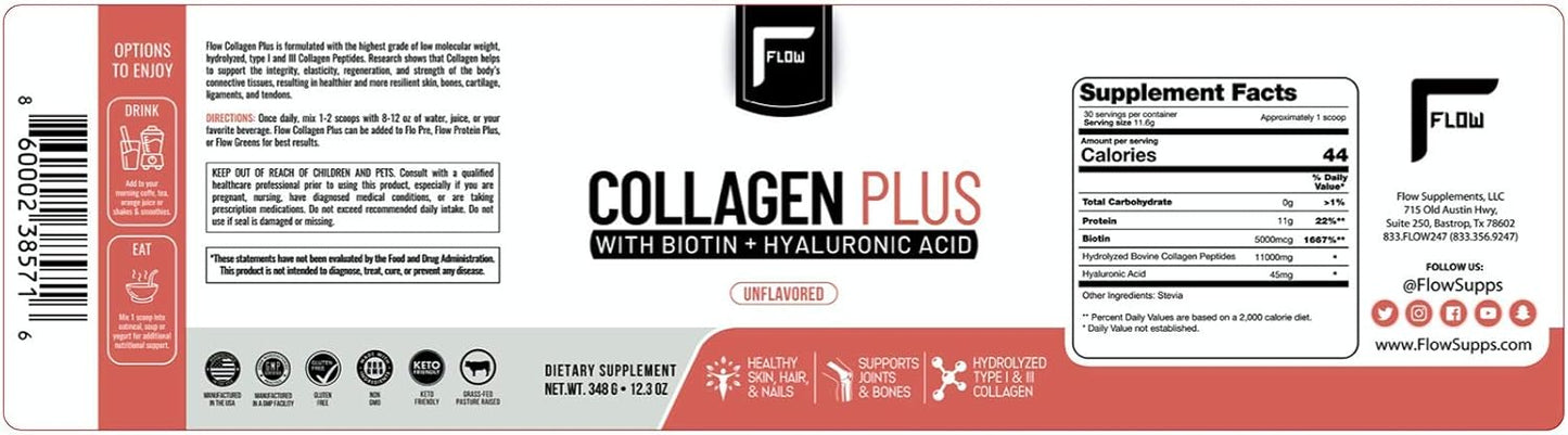 Hydrolyzed Collagen Peptides Protein Powder with Hyaluronic Acid, Biotin - Type I & III - 348g Pack