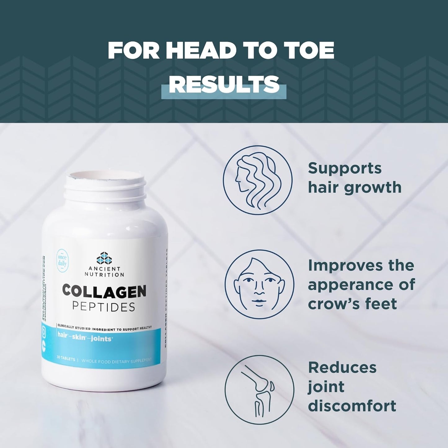 Hydrolyzed Collagen Peptides Tablets for Skin, Hair, Joints, Gut - Gluten Free, Paleo, Keto - 30 Count