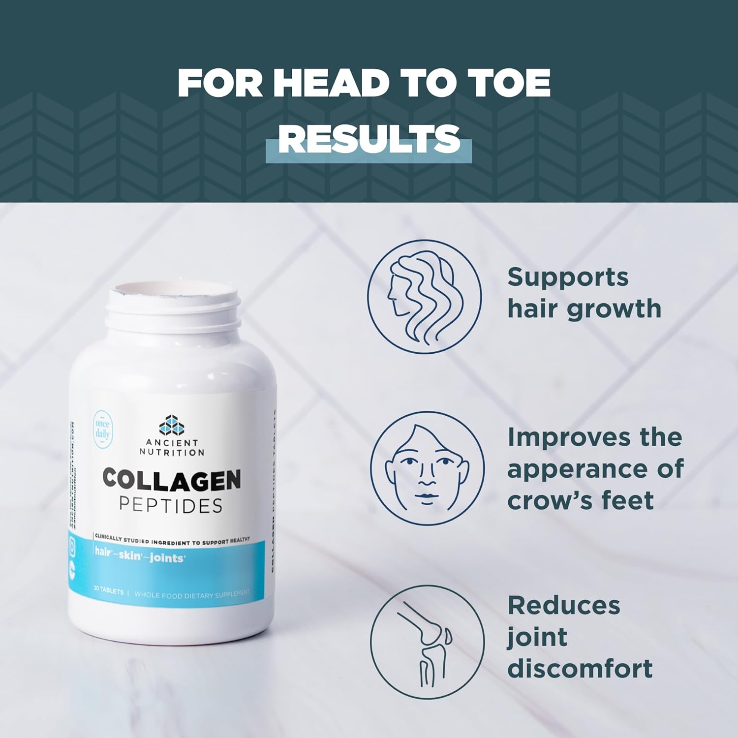 Hydrolyzed Collagen Peptides Tablets for Skin, Hair, Joints, Gut - Gluten Free, Paleo, Keto - 30 Count