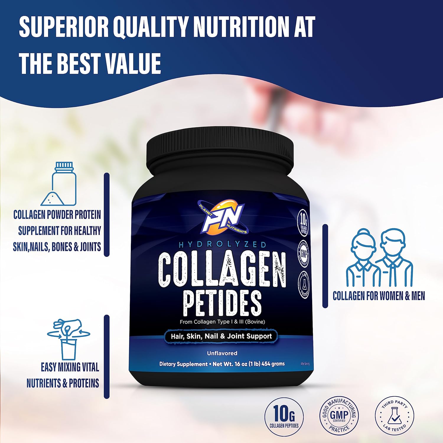 Hydrolyzed Collagen Peptides Type I & III - Support for Hair, Skin, Nails, Joints - Planet Nutrients