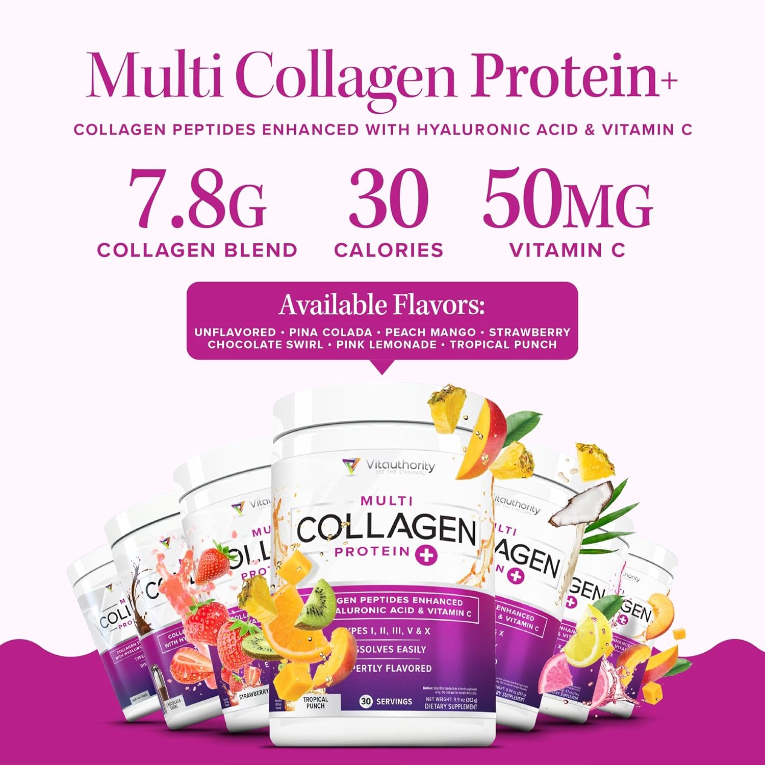 Hydrolyzed Collagen Powder Drink Mix with Hyaluronic Acid and Vitamin C - Instant Dissolving Grass Fed Multi Collagen Peptides for Hair Skin Nails - Women Men