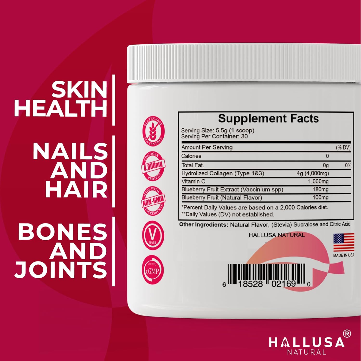 Hydrolyzed Collagen Powder for Bones, Joints, Nails, Hair, and Skin - Hallusa Natural